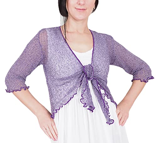 Mimosa Damen gehäkelter Bolero offener Cardigan Glitzer oder einfarbige super Dehnbare Spitzen-Fischnetz-Strickjacke Normal und Übergröße von Mimosa