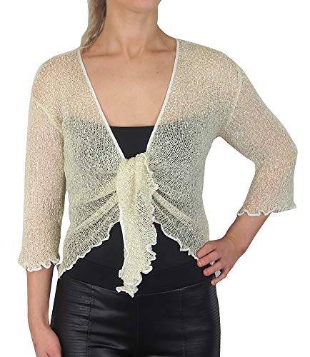 Mimosa Gehäkelter Bolero für Damen, glitzernd oder einfarbig, superdehnbare Spitze, Fischnetz zum Binden an der Taille, Bolero, offene Strickjacke, passend für UK 6 28, Weißgold Mimosa Gehäkelter Bolero für Damen, glitzernd oder einfarbig, superdehnbare Spitze, Fischnetz zum Binden an der Taille, Bolero, offene Strickjacke, passend für UK 6 28, Weißgold von Mimosa