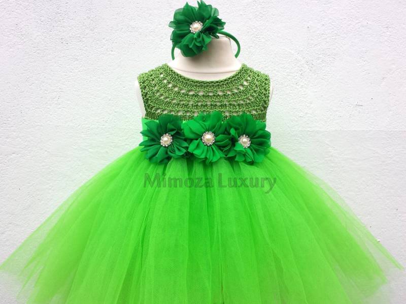 Grüne Fee Blume Mädchen Kleid, Apfel Grün Tutu Brautjungfer Tinkerbell Prinzessin Häkeln Oben Tüll Garn Kleid von MimozaLuxury