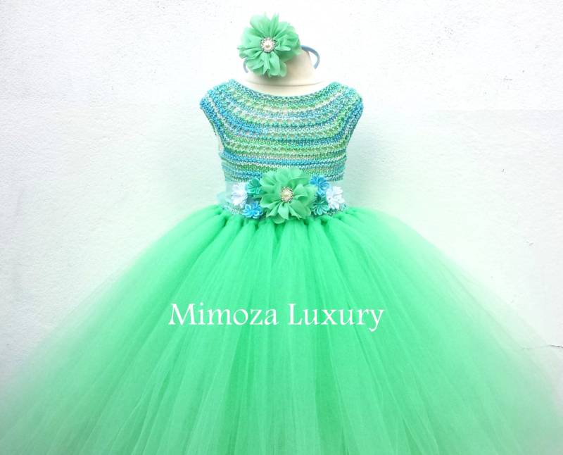 Mint Grün Blau Blume Mädchen Kleid, Tutu Brautjungfer Prinzessin Häkeln Oben Tüll Stricken Kleid von MimozaLuxury