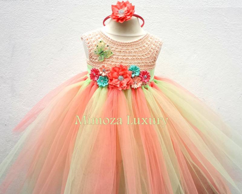 Mint Koralle Pfirsich Blumenmädchen Kleid, Tutu Brautjungfer Prinzessin Häkeln Oben Tüll Hand Stricken Kleid von MimozaLuxury