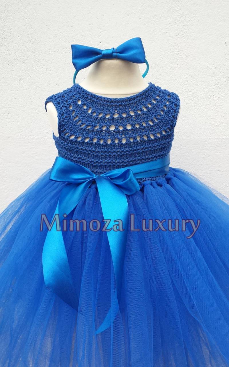 Royal Blue Blumenmädchenkleid, Pfau Blau Tutu Kleid, Königsblaue Brautjungfer Prinzessin Häkeln Oben Tüll Kleid von MimozaLuxury