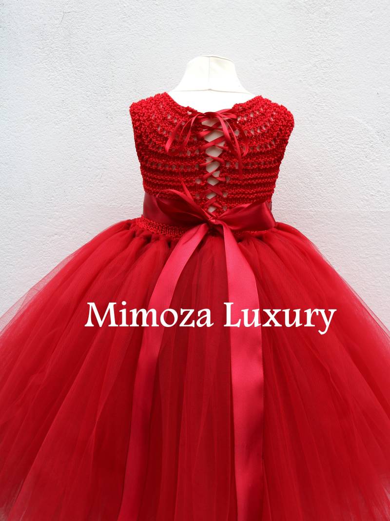 Weihnachten Tutu Kleid, Rote Blume Mädchen Prinzessin Rot Häkeln Oben Tüll Hand Stricken Kleid von MimozaLuxury