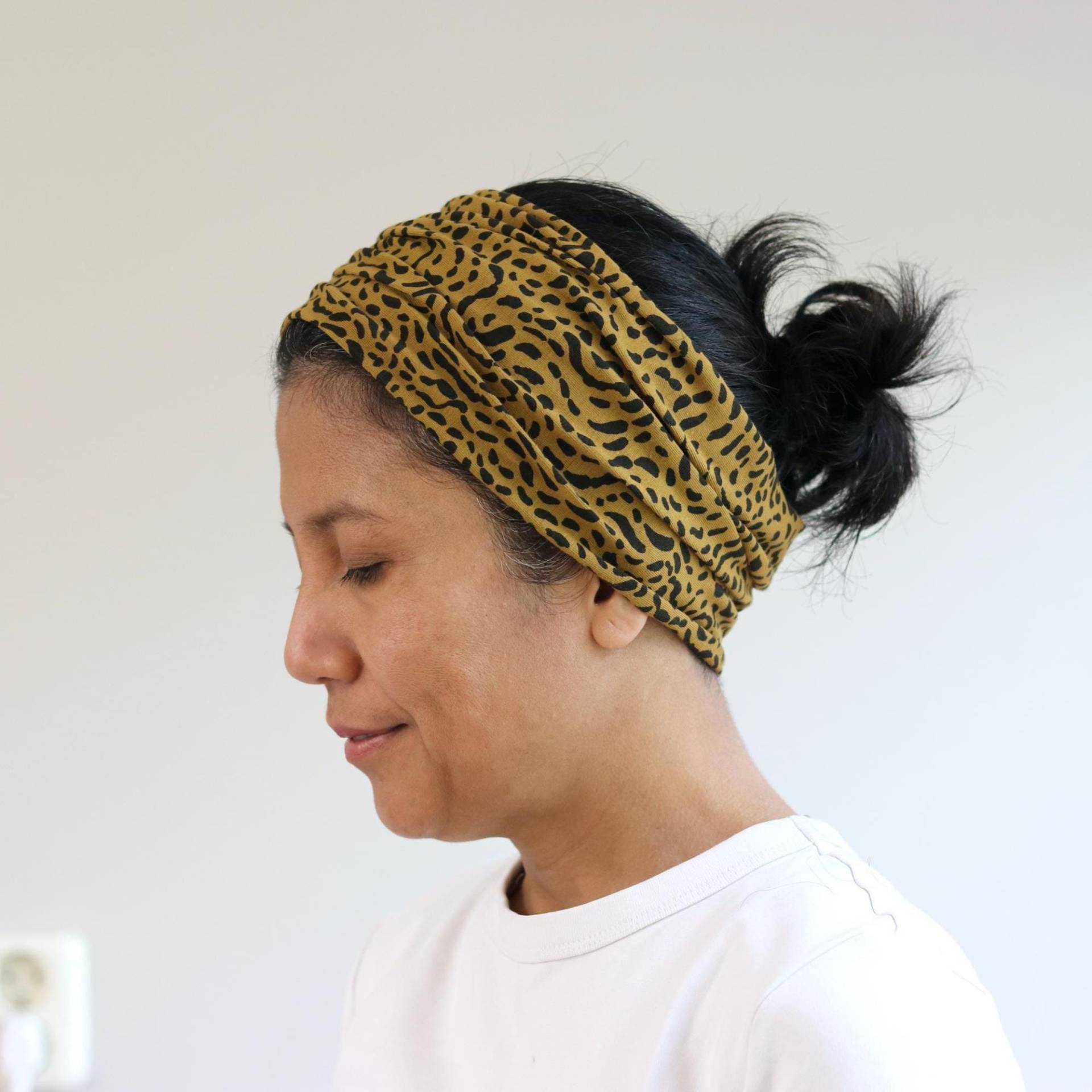 Breites Stirnband - Weiches Jersey-Baumwoll-Stirnband Ockerbraunes Haarband Mit Muster Dehnbares Hippie-Kopftuch Bandana Für Yoga Und Alltag von MimpiByMeka