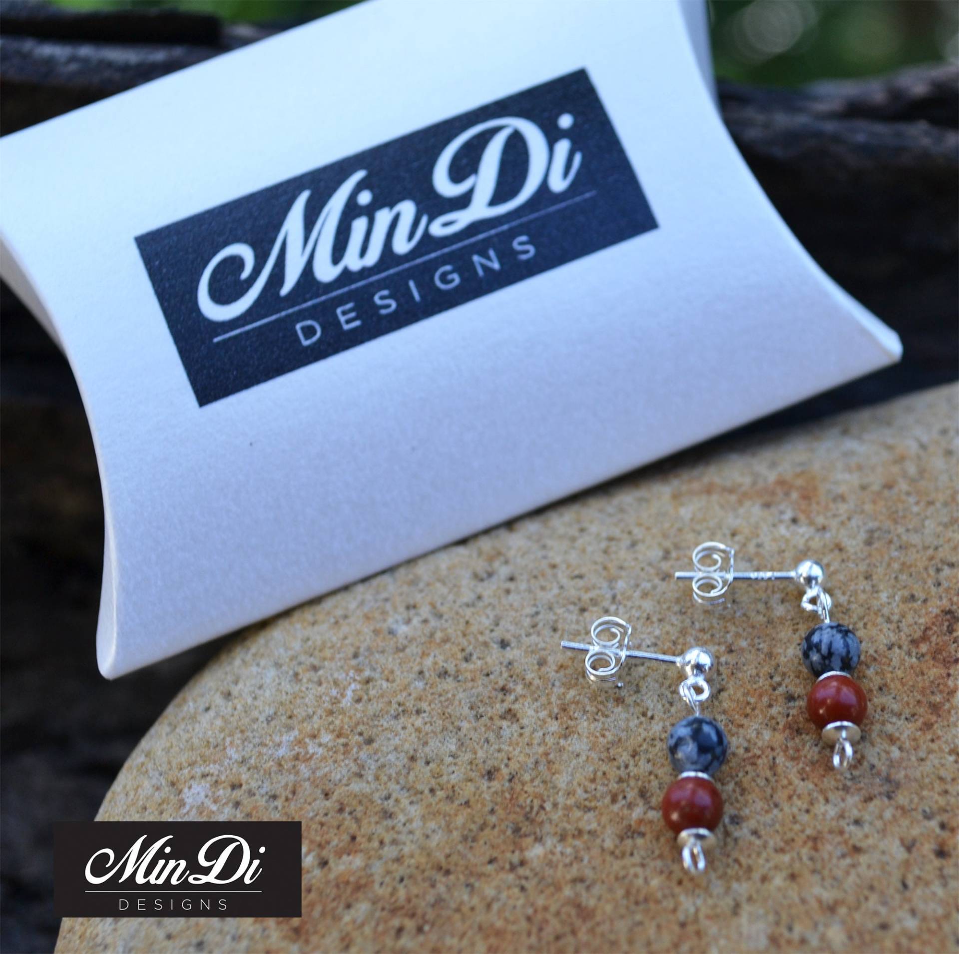 Ohrringe, Paar Handgefertigte Ohrringe Mit Sterling Silber, Obsidian Schneeflocke & Rotem Jaspis Ohrringe, Paar Handgefertigte Ohrringe Mit Sterling Silber, Obsidian Schneeflocke & Rotem Jaspis von MinDiDesign