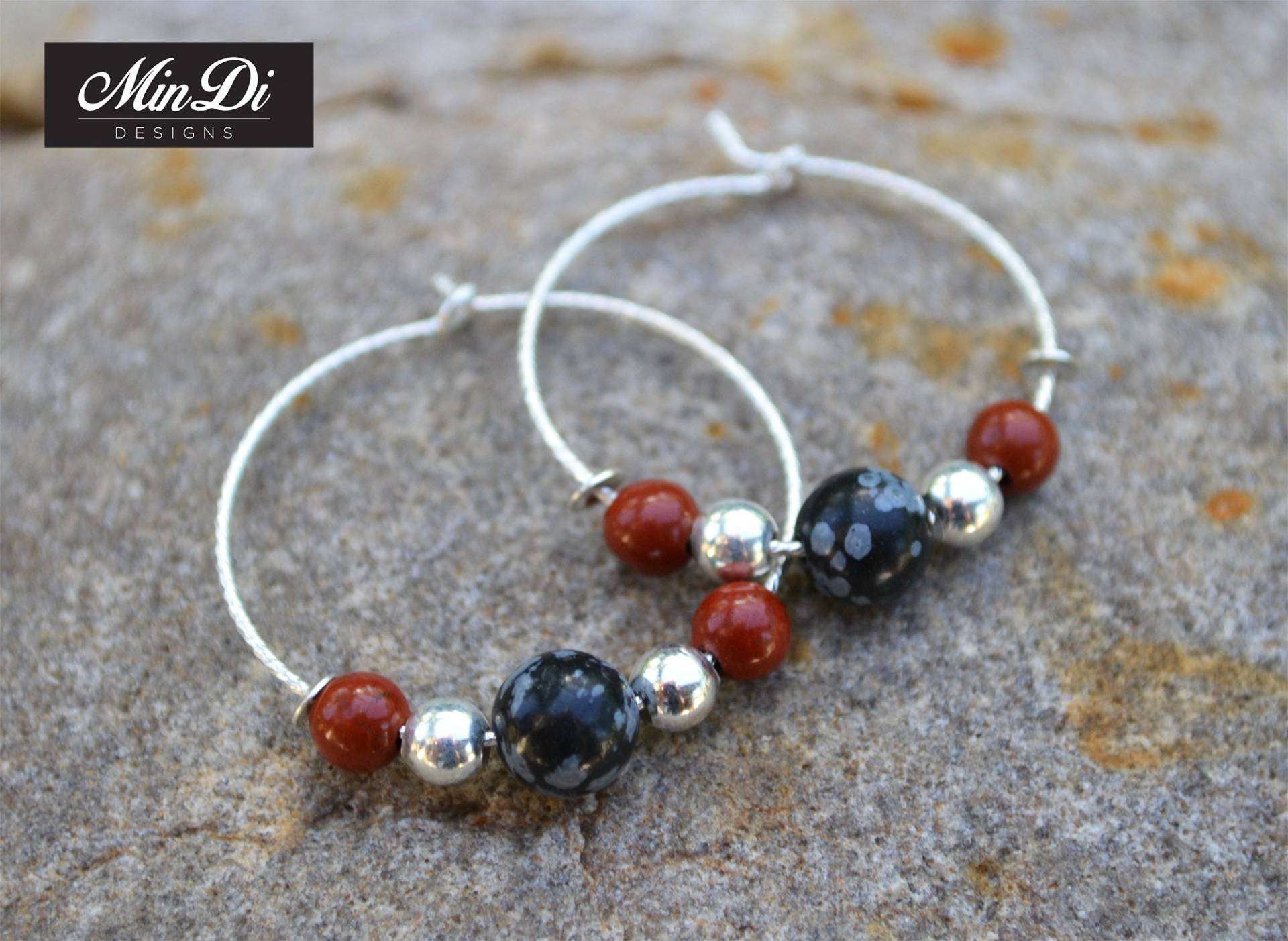 Ohrringe, Paar Handgefertigte Ohrringe Mit Sterling Silber, Obsidian Schneeflocke & Roten Jaspis Ohrringe, Paar Handgefertigte Ohrringe Mit Sterling Silber, Obsidian Schneeflocke & Roten Jaspis von MinDiDesign