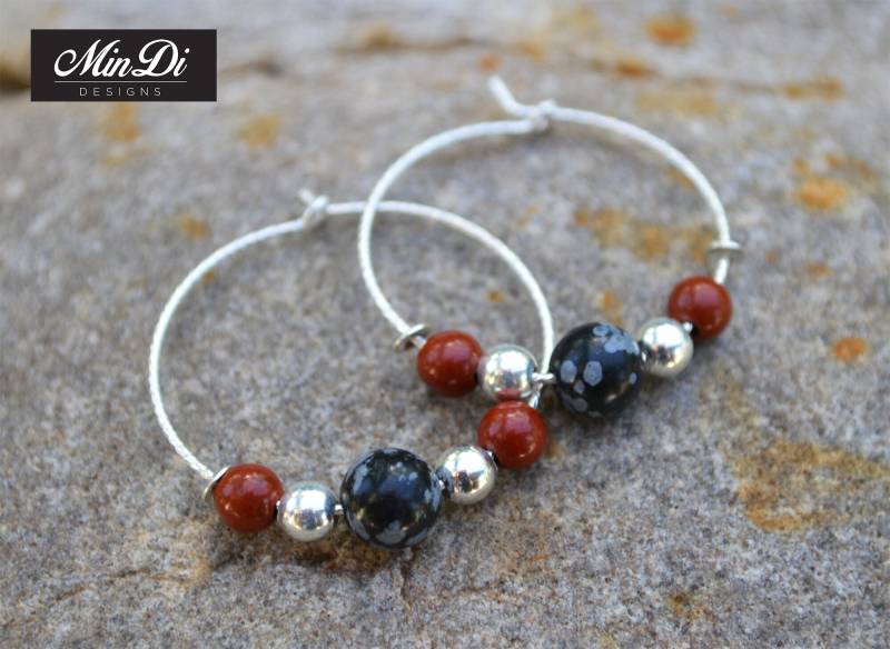 Ohrringe, Paar Handgefertigte Ohrringe Mit Sterling Silber, Obsidian Schneeflocke & Roten Jaspis Ohrringe, Paar Handgefertigte Ohrringe Mit Sterling Silber, Obsidian Schneeflocke & Roten Jaspis von MinDiDesign