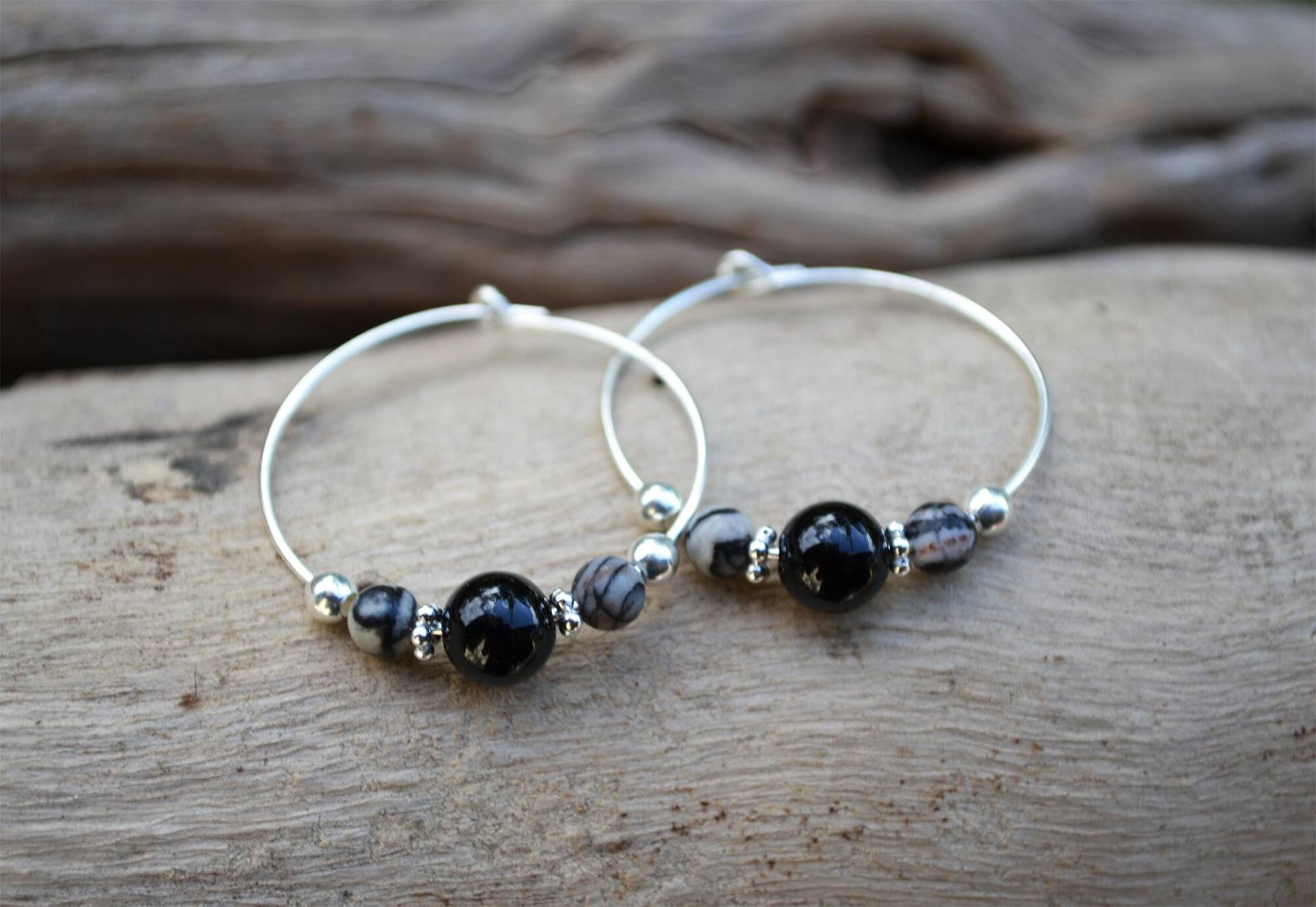 Ohrringe, Paar Handgefertigte Ohrringe Mit Sterling Silber, Schwarz Onyx & Geadert Jaspis Ohrringe, Paar Handgefertigte Ohrringe Mit Sterling Silber, Schwarz Onyx & Geadert Jaspis von MinDiDesign
