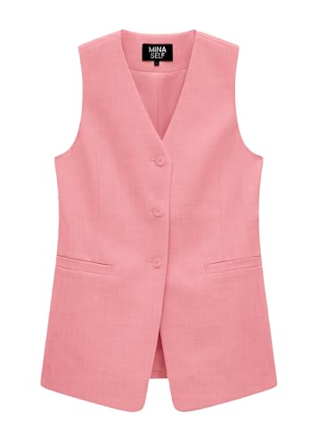 2024 Sommer Lange Leinenweste Blazer Y2K V-Ausschnitt Leicht Mode Casual Knopf Voll Gefüttert Jacken Tops mit Taschen, Pink, XXL von Mina Self