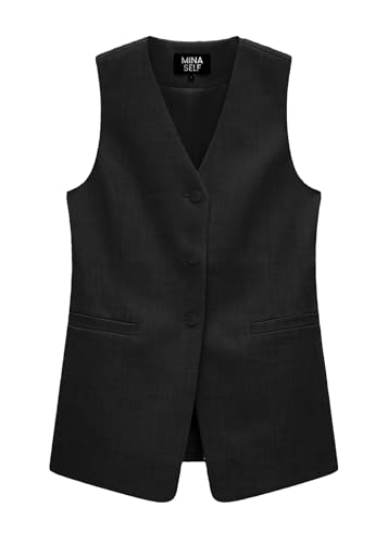 2024 Sommer Lange Leinenweste Blazer Y2K V-Ausschnitt Leicht Mode Casual Knopf Voll Gefüttert Jacken Tops mit Taschen, Schwarz, XL von Mina Self