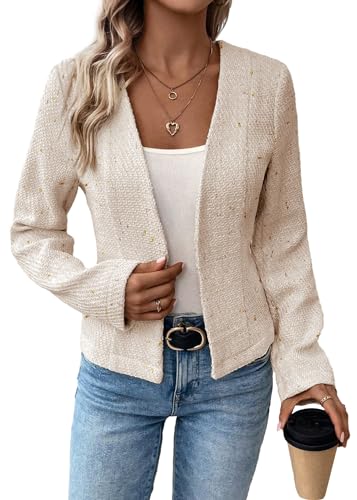 Damen 2024 Herbst Tweed Blazer Kragenlos Open Front Cardigan Voll Gefüttert Elegant Tailliert Mode Casual Arbeitsjacke Anzug, Beige-3, XL von Mina Self