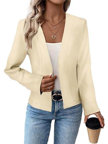 Damen 2024 Herbst Tweed Blazer Kragenlos Open Front Cardigan Voll Gefüttert Elegant Tailliert Mode Casual Arbeitsjacke Anzug, Dünnes Stretch-Beige, XXL von Mina Self
