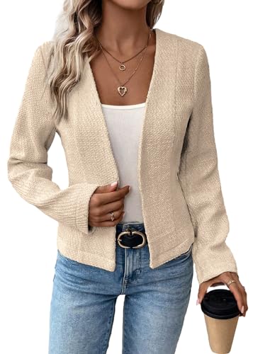 Damen 2024 Herbst Tweed Blazer Kragenlos Open Front Cardigan Voll Gefüttert Elegant Tailliert Mode Casual Arbeitsjacke Anzug, Khaki, XXL von Mina Self