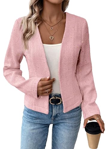 Damen 2024 Herbst Winter Tweed Blazer Kragenlose Strickjacke Voll Gefüttert Elegant Tailliert Mode Casual Arbeitsjacke Anzug, Pink, XL von Mina Self