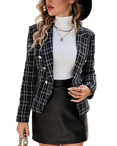 Mina Self 2024 Herbst Winter Plaid Tweed Blazer Jacke Zweireihig Slim Casual Langarm Mode Arbeit Büro mit Taschen, Schottenschwarz, M von Mina Self