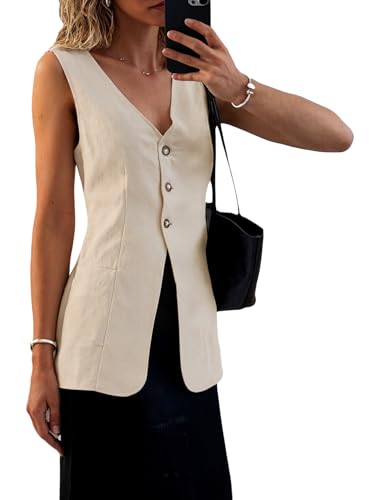 Mina Self 2024 Sommer Lange Leinenweste Blazer Leichte Mode Lässige Knopfleiste Tops V-Ausschnitt Taschen Vollständig Gefüttert Jacke, Beige, M von Mina Self