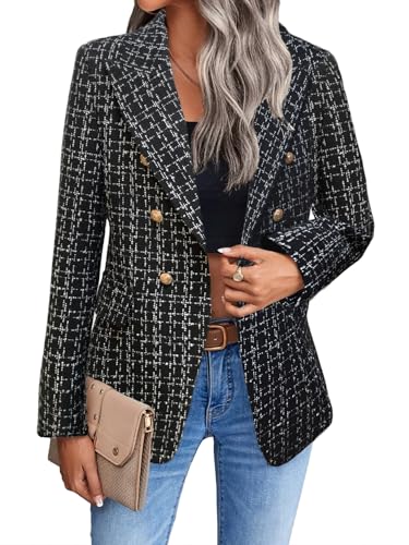 Mina Self 2025 Damen Frühling Tweed Blazer Jacke Plaid Voll Gefüttert Mode Business Casual Revers Elegant Mantel mit Taschen, 3-kariert, schwarz, M von Mina Self