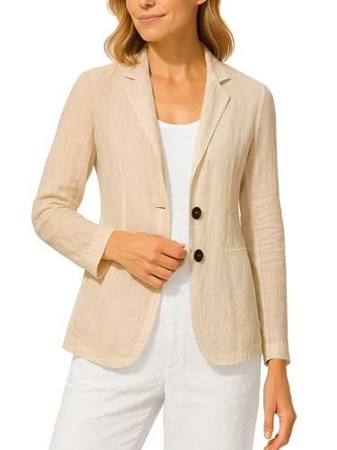 Mina Self Langärmeliger Leinenblazer für Damen, Sommer, leicht, atmungsaktiv, Revers, Strand, Urlaub, Jacke mit Taschen, 1-beige, M von Mina Self