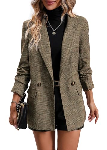 Mina Self 2025 Herbst Damen Plaid Hahnentritt Blazer Jacke - Voll Gefüttert Business Casual Elegant Arbeitsanzug mit Taschen, Plaid-Khaki, L von Mina Self