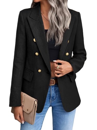 2025 Damen Winter Tweed Blazer Jacke Plaid Voll Gefüttert Warm Mode Business Casual Elegant Plaid Mantel mit Taschen, 3-Tweed/Schwarz, XXL von Mina Self