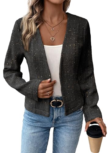 Damen 2024 Herbst Tweed Blazer Kragenlos Open Front Cardigan Voll Gefüttert Elegant Tailliert Mode Casual Arbeitsjacke Anzug, Schwarz, S von Mina Self