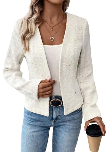 Damen 2024 Herbst Tweed Blazer Kragenlos Open Front Cardigan Voll Gefüttert Elegant Tailliert Mode Casual Arbeitsjacke Anzug, Weiß, L/XL von Mina Self