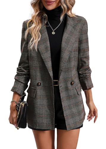 Mina Self 2025 Herbst Damen Plaid Hahnentritt Blazer Jacke Knopf Revers Business Casual Elegant Arbeitsanzug mit Taschen, Schottenschwarz, S von Mina Self