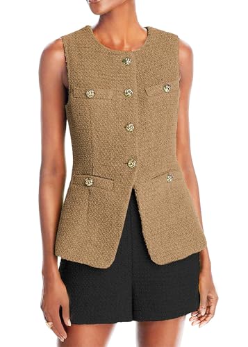 Mina Self Damen 2025 Sommer Tweed Weste Tops Y2K Lang Ärmellos Leicht Mode Voll Gefüttert Elegant Casual mit Taschen, Khaki, Large Mina Self Damen 2025 Sommer Tweed Weste Tops Y2K Lang Ärmellos Leicht Mode Voll Gefüttert Elegant Casual mit Taschen, Khaki, Large von Mina Self