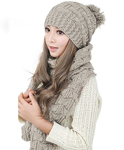 Minakolife Damen Winter Gestrickt Schal und Hut Set Verdicken Schädel Caps (Beige) von Minakolife