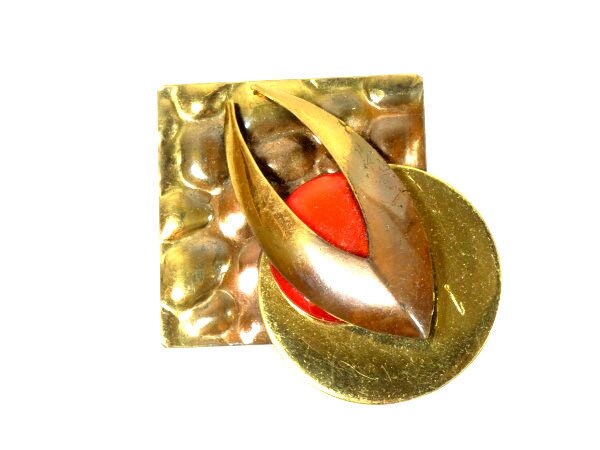 Vintage 1980Er Gold Rot Metall Brosche Retro Pin Design Style von MinasTreasureChest