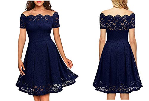 Minasan Damen Elegant Vintage Off Shoulder Spitzen Midi Sommerkleid Frauen Blau Schulterfrei Kurzärmlig Faltenkleid Schöne 1950s Retro Knielang Swing Cocktail Party Kleider Hochzeit Festkleider M von Minasan