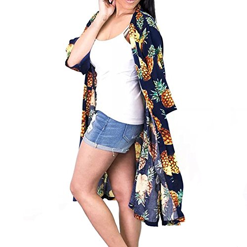 Minasan Summer Blue Ladies Cotton Long Shirt Jacket Tops Women Pineapple Pattern Print Long Sleeve Sunscreen Cardigan 3/4 Sleeve Kimono Beach Strickjacke L von Minasan