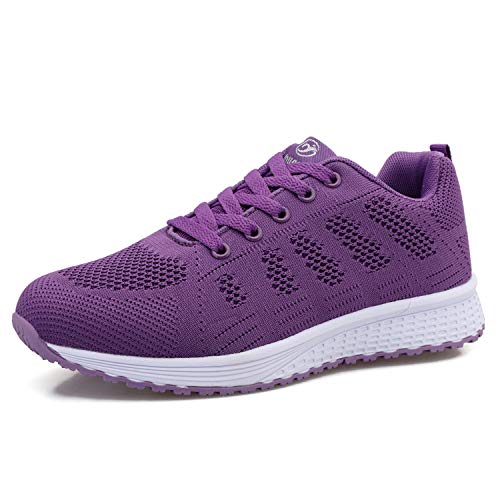 Minbei Damen Turnschuhe Hallenschuhe Atmungsaktiv Outdoor Fitnessschuhe Laufschuhe Schnürsenkel Frauen Sportschuhe Flach Violett 40 EU von Minbei