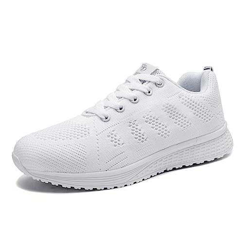 Minbei Damen Turnschuhe Hallenschuhe Atmungsaktiv Outdoor Fitnessschuhe Laufschuhe Schnürsenkel Frauen Sportschuhe Flach Weiß 37 EU von Minbei