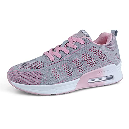 Minbei Damen Turnschuhe Luftkissen Hallenschuhe Atmungsaktiv Outdoor Fitnessschuhe Laufschuhe Schnürsenkel Frauen Sportschuhe Flach, Grau Rosa 35 EU von Minbei