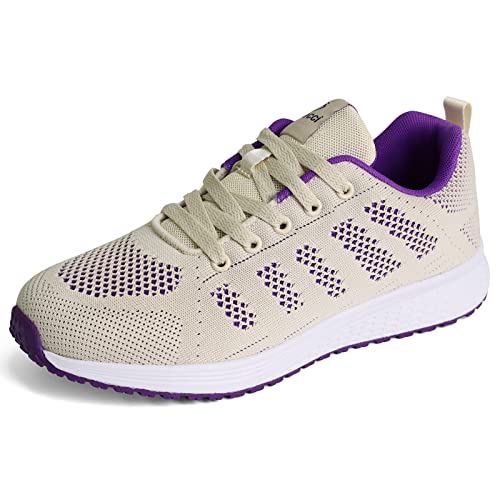 Damen Turnschuhe Hallenschuhe Atmungsaktiv Outdoor Fitnessschuhe Laufschuhe Schnürsenkel Frauen Sportschuhe Flach Grau Violett 36 EU von Minbei