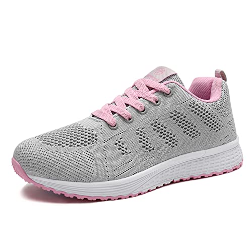Minbei Damen Turnschuhe Hallenschuhe Atmungsaktiv Outdoor Fitnessschuhe Laufschuhe Schnürsenkel Frauen Sportschuhe Flach Pink 44 EU von Minbei