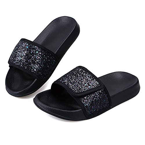 Minbei Mädchen Badelatschen Kinder Badeschlappen Sommer Hausschuh Flache Strand Slippers rutschfest Dusch Badeschuhe, Schwarz, 28 EU von Minbei