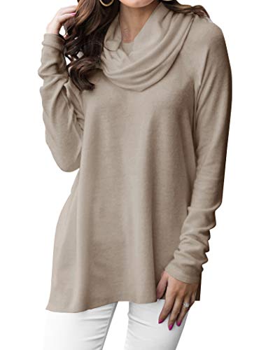 Minclouse Damen Langarm Wasserfallkragenpullover Pullover Rollkragen Casual Lose Sweatshirts Tunika Tops - Beige - Medium von Minclouse