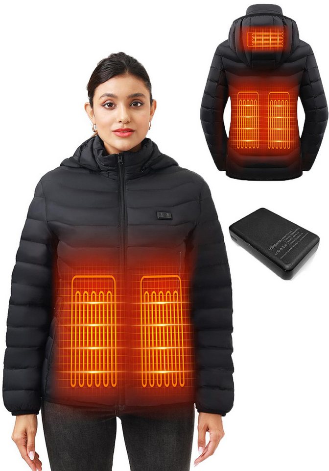 Mincoo Funktionsjacke Beheizbare Jacke Damen mit 10000mAh Powerbank, 3 temperaturstufen Warme winterjacke Heizjacke mit kapuze Elektrischer warme steppjacke von Mincoo