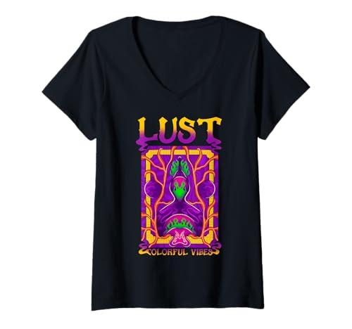 Damen Lust - Psychedelic Vision Grafik T-Shirt mit V-Ausschnitt Damen Lust - Psychedelic Vision Grafik T-Shirt mit V-Ausschnitt von Mind Bloom Collective
