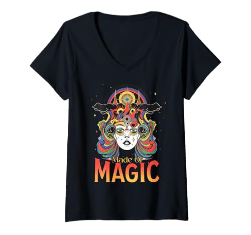 Damen Made of Magic – Psychedelic Vision Grafik T-Shirt mit V-Ausschnitt Damen Made of Magic – Psychedelic Vision Grafik T-Shirt mit V-Ausschnitt von Mind Bloom Collective