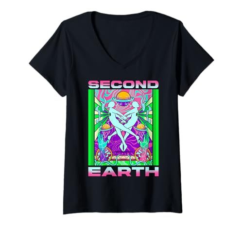 Damen Second Earth – Psychedelic Vision Grafik T-Shirt mit V-Ausschnitt Damen Second Earth – Psychedelic Vision Grafik T-Shirt mit V-Ausschnitt von Mind Bloom Collective
