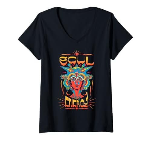 Damen Soul Full of Energy - Psychedelische Visionsgrafik T-Shirt mit V-Ausschnitt Damen Soul Full of Energy - Psychedelische Visionsgrafik T-Shirt mit V-Ausschnitt von Mind Bloom Collective