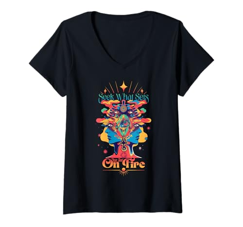 Damen Soul On Fire – Psychedelic Vision Grafik T-Shirt mit V-Ausschnitt Damen Soul On Fire – Psychedelic Vision Grafik T-Shirt mit V-Ausschnitt von Mind Bloom Collective