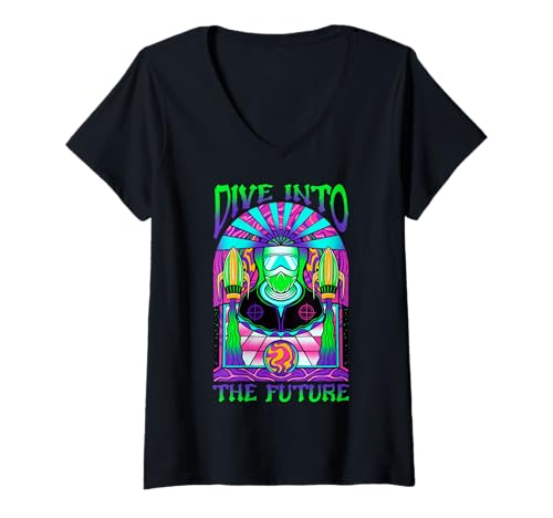 Damen Tauche EIN in die Zukunft - Psychedelic Vision Graphic T-Shirt mit V-Ausschnitt Damen Tauche EIN in die Zukunft - Psychedelic Vision Graphic T-Shirt mit V-Ausschnitt von Mind Bloom Collective