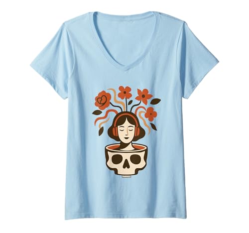 Damen Blumen Kopfhörer Schädel Kunst psychedelisches Frauen Design T-Shirt mit V-Ausschnitt Damen Blumen Kopfhörer Schädel Kunst psychedelisches Frauen Design T-Shirt mit V-Ausschnitt von Mind Bloom Music Vibe Studio