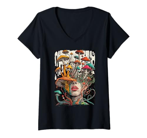 Damen Aus menschlichem Kopf wachsende Pilze surreale botanische Kunst T-Shirt mit V-Ausschnitt Damen Aus menschlichem Kopf wachsende Pilze surreale botanische Kunst T-Shirt mit V-Ausschnitt von MindBloom