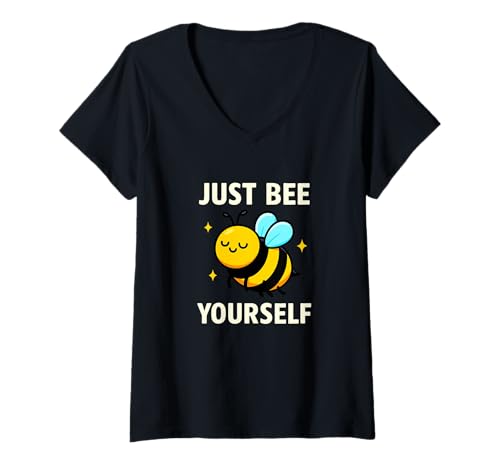 Damen Just Bee Yourself Lustiges Positivitäts-Zitat T-Shirt mit V-Ausschnitt Damen Just Bee Yourself Lustiges Positivitäts-Zitat T-Shirt mit V-Ausschnitt von Mindful Creatures and Kind Vibes