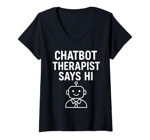 Damen Chatbot-Therapeut sagt Hallo Lustiger KI-Tech-Humor T-Shirt mit V-Ausschnitt von Mindful Living & Digital Humor Collective